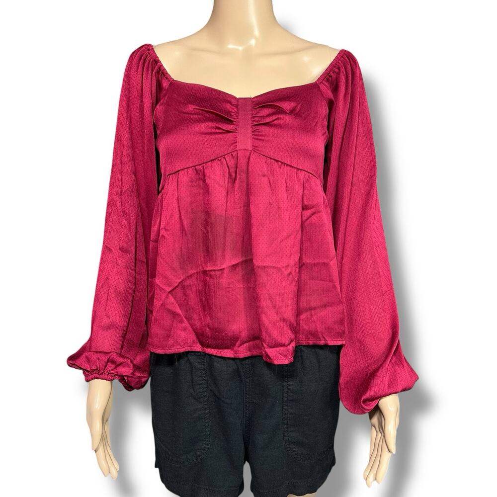 Davi & Dani Womens Satin Blouse Shirt Top Smocked Square Neck Balloon Sleeve Red
